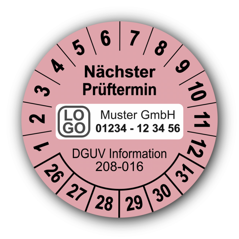 Nächster Prüftermin DGUV Information 208-016, rosa, mit Wunschtext