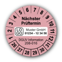 Nächster Prüftermin DGUV Information 208-016, rosa, mit Wunschtext