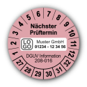Nächster Prüftermin DGUV Information 208-016, rosa, mit Wunschtext