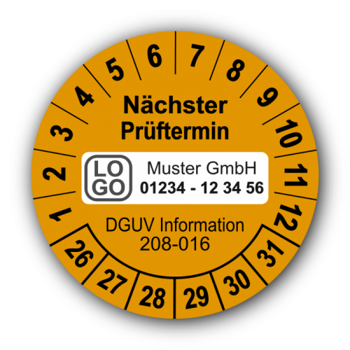 Nächster Prüftermin DGUV Information 208-016, orange, mit Wunschtext