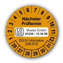 Nächster Prüftermin DGUV Information 208-016, orange, mit Wunschtext