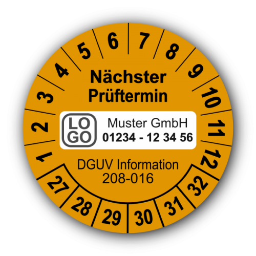 Nächster Prüftermin DGUV Information 208-016, orange, mit Wunschtext