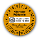 Nächster Prüftermin DGUV Information 208-016, orange, mit Wunschtext