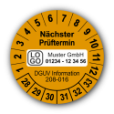Nächster Prüftermin DGUV Information 208-016, orange, mit Wunschtext