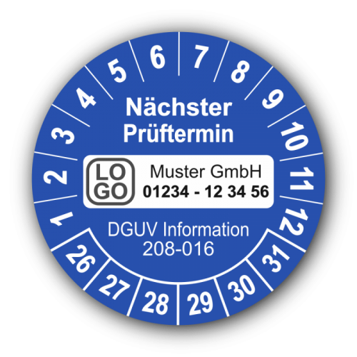 Nächster Prüftermin DGUV Information 208-016, blau, mit Wunschtext
