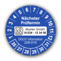 Nächster Prüftermin DGUV Information 208-016, blau, mit Wunschtext