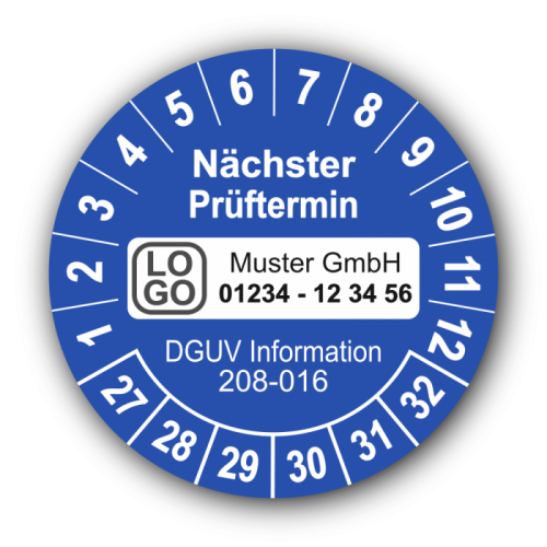 Nächster Prüftermin DGUV Information 208-016, blau, mit Wunschtext