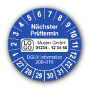 Nächster Prüftermin DGUV Information 208-016, blau, mit Wunschtext