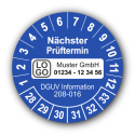 Nächster Prüftermin DGUV Information 208-016, blau, mit Wunschtext