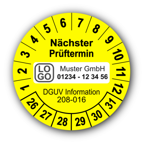Nächster Prüftermin DGUV Information 208-016, gelb, mit Wunschtext