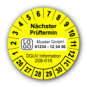 Nächster Prüftermin DGUV Information 208-016, gelb, mit Wunschtext