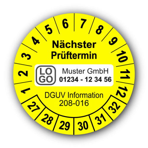Nächster Prüftermin DGUV Information 208-016, gelb, mit Wunschtext