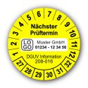 Nächster Prüftermin DGUV Information 208-016, gelb, mit Wunschtext