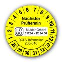 Nächster Prüftermin DGUV Information 208-016, gelb, mit Wunschtext