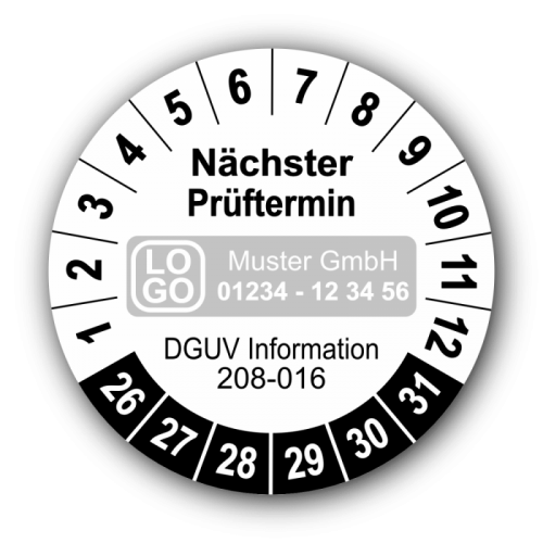 Nächster Prüftermin DGUV Information 208-016, weiß, mit Wunschtext