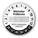 Nächster Prüftermin DGUV Information 208-016, weiß, mit Wunschtext