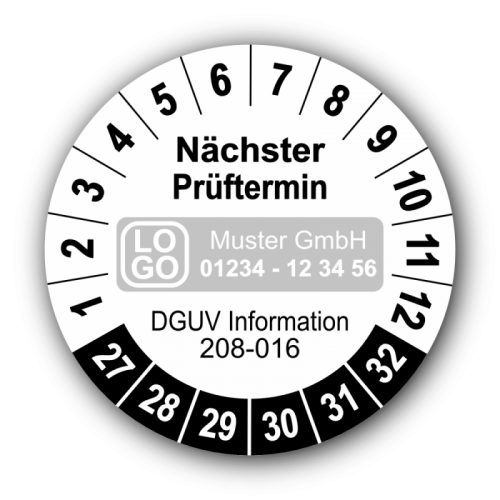 Nächster Prüftermin DGUV Information 208-016, weiß, mit Wunschtext
