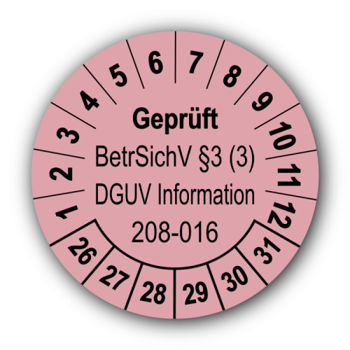 Geprüft BetrSichV §3 (3) DGUV Information 208-016, rosa