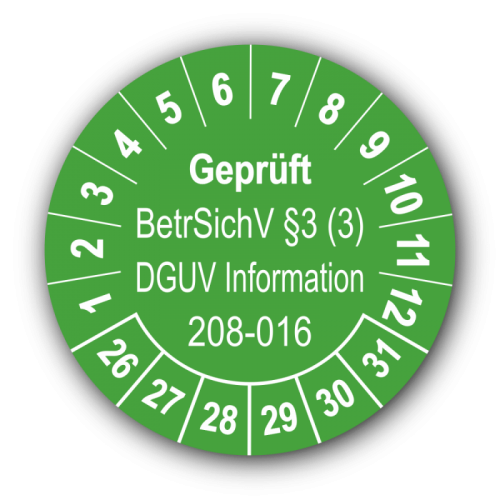 Geprüft BetrSichV §3 (3) DGUV Information 208-016, grün