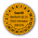 Geprüft BetrSichV §3 (3) DGUV Information 208-016, orange
