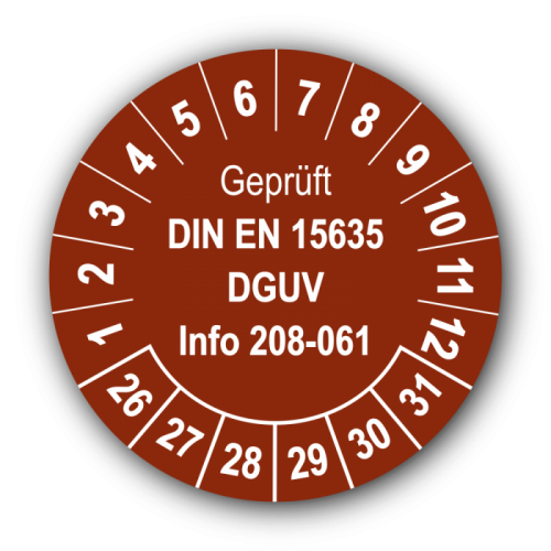 Geprüft DIN EN 15635 DGUV Info 208-061, braun