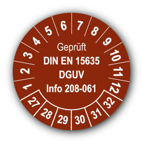 Geprüft DIN EN 15635 DGUV Info 208-061, braun