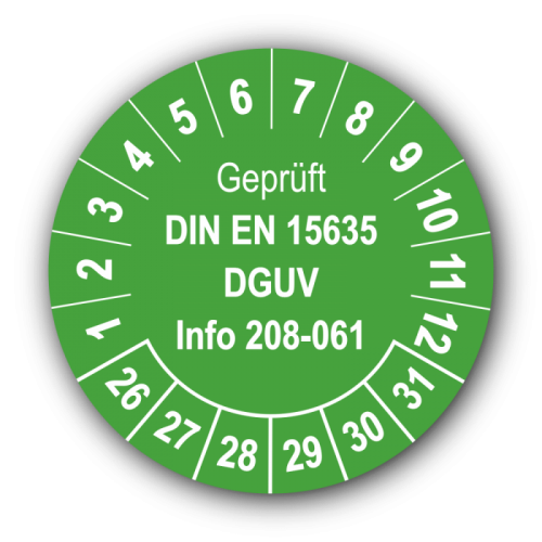 Geprüft DIN EN 15635 DGUV Info 208-061, grün