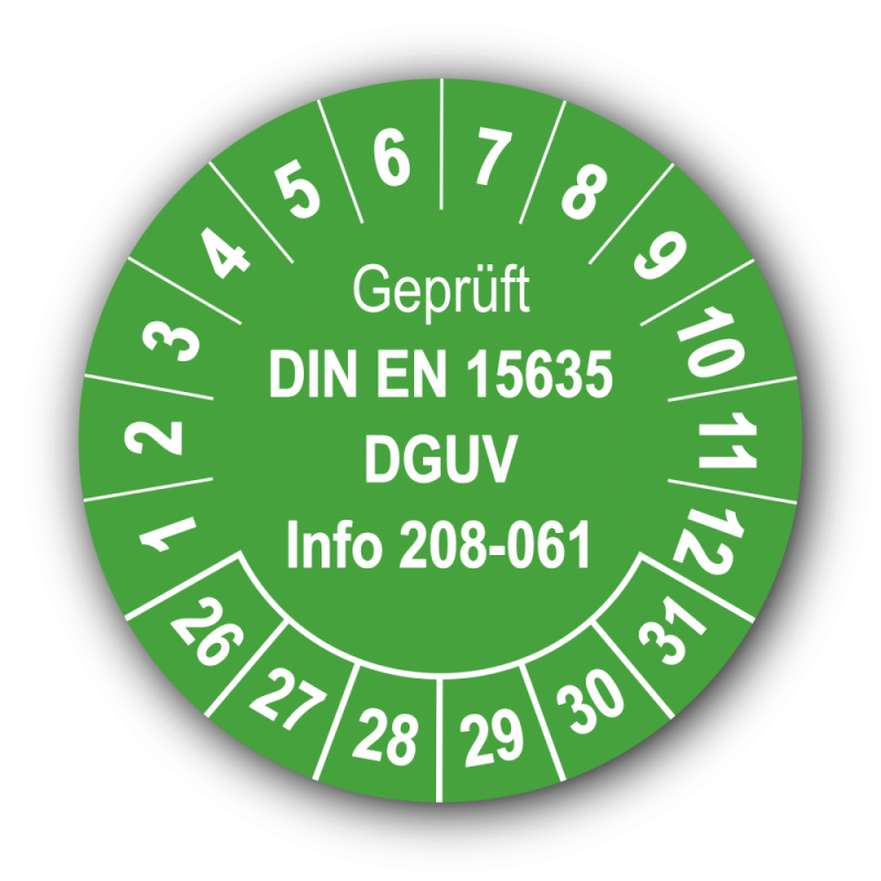 Geprüft DIN EN 15635 DGUV Info 208-061, grün