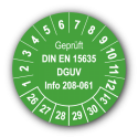 Geprüft DIN EN 15635 DGUV Info 208-061, grün