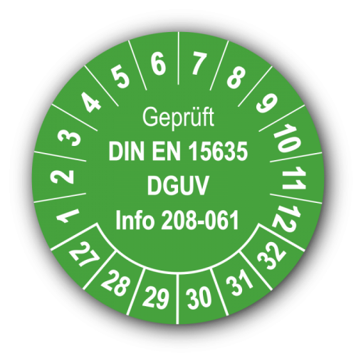 Geprüft DIN EN 15635 DGUV Info 208-061, grün