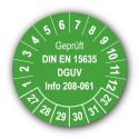 Geprüft DIN EN 15635 DGUV Info 208-061, grün