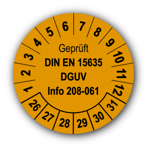 Geprüft DIN EN 15635 DGUV Info 208-061, orange