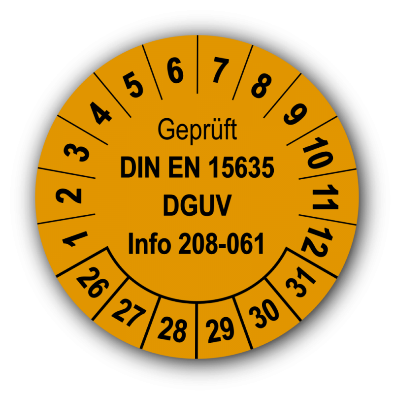 Geprüft DIN EN 15635 DGUV Info 208-061, orange