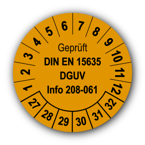 Geprüft DIN EN 15635 DGUV Info 208-061, orange