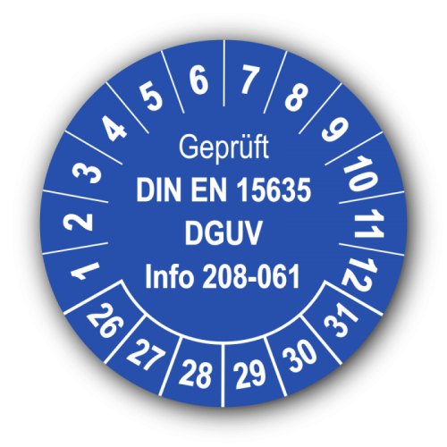 Geprüft DIN EN 15635 DGUV Info 208-061, blau