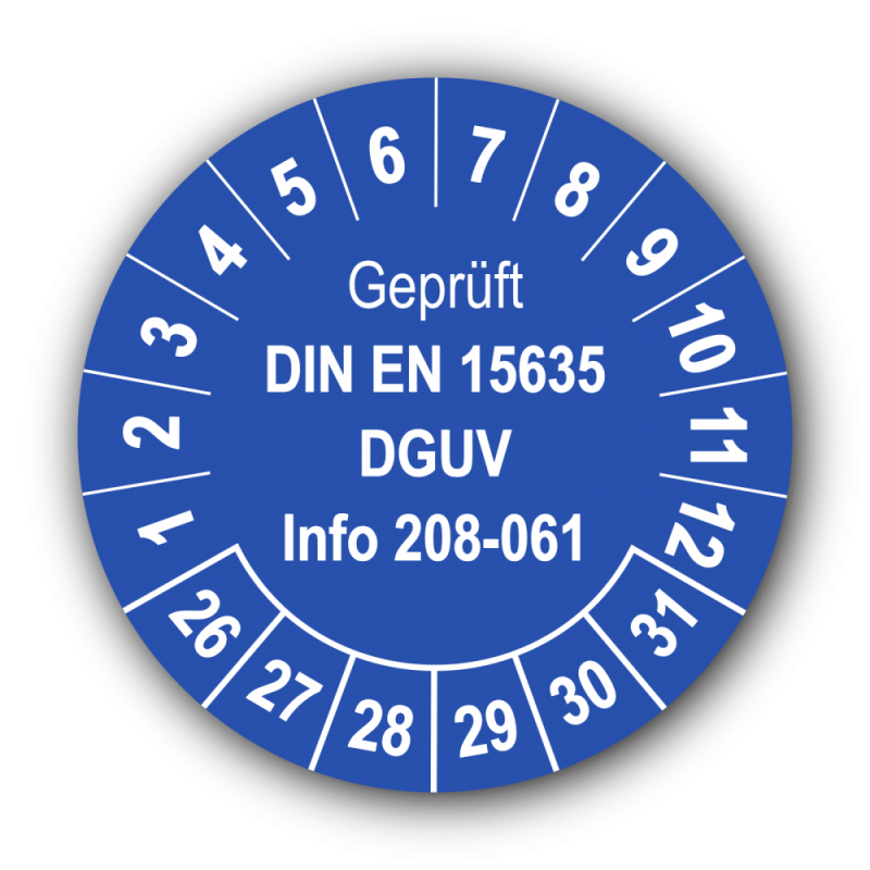 Geprüft DIN EN 15635 DGUV Info 208-061, blau