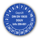 Geprüft DIN EN 15635 DGUV Info 208-061, blau