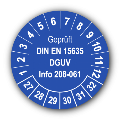 Geprüft DIN EN 15635 DGUV Info 208-061, blau