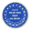 Geprüft DIN EN 15635 DGUV Info 208-061, blau