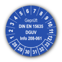 Geprüft DIN EN 15635 DGUV Info 208-061, blau