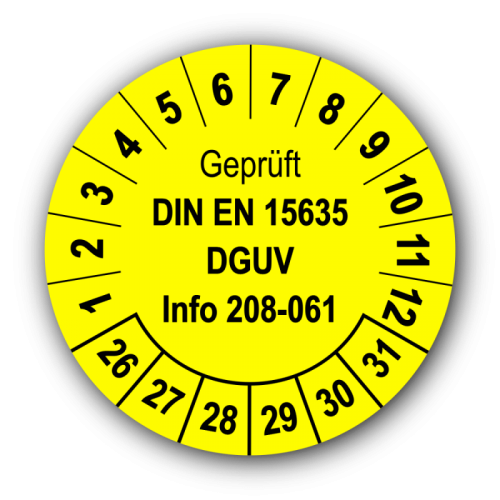Geprüft DIN EN 15635 DGUV Info 208-061, gelb