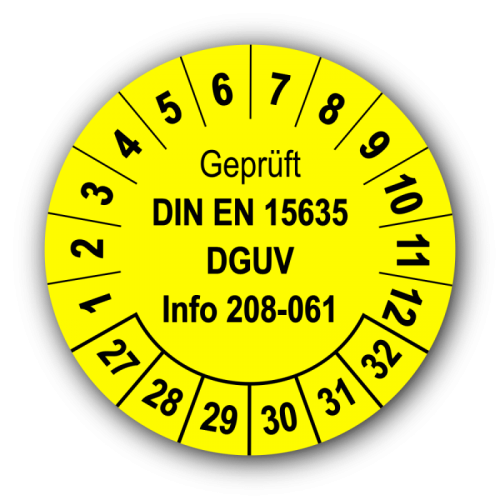 Geprüft DIN EN 15635 DGUV Info 208-061, gelb
