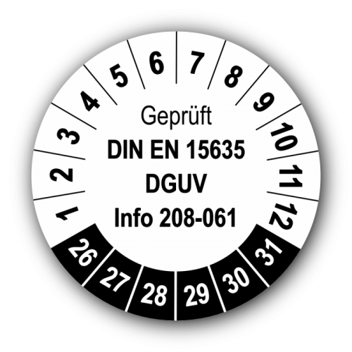 Geprüft DIN EN 15635 DGUV Info 208-061, weiß