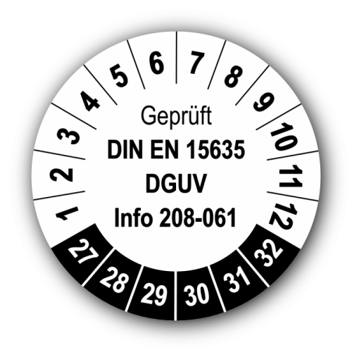 Geprüft DIN EN 15635 DGUV Info 208-061, weiß