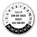 Geprüft DIN EN 15635 DGUV Info 208-061, weiß