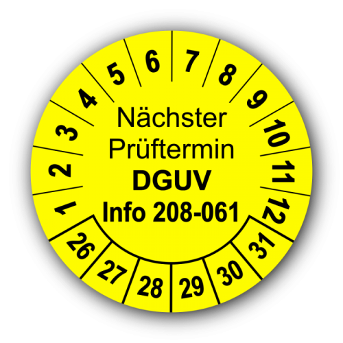 Nächster Prüftermin DGUV Information 208-061, gelb