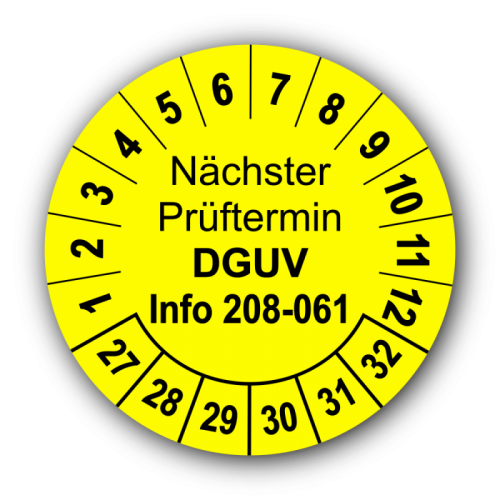 Nächster Prüftermin DGUV Information 208-061, gelb