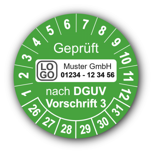 Geprüft nach DGUV Vorschrift 3, grün, mit Wunschtext