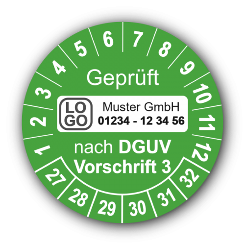 Geprüft nach DGUV Vorschrift 3, grün, mit Wunschtext