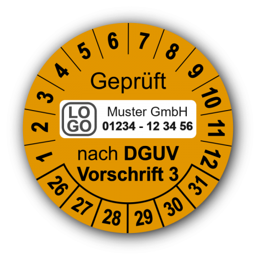 Geprüft nach DGUV Vorschrift 3, orange, mit Wunschtext